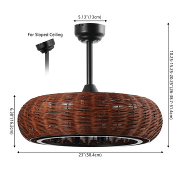 Cassidy 23" 6-Light Modern Bohemian 6-Speed Metal/Rattan Mobile-App/Remote-Controlled Height-Adjustable Lantern LED Ceiling Fan - JONATHAN Y